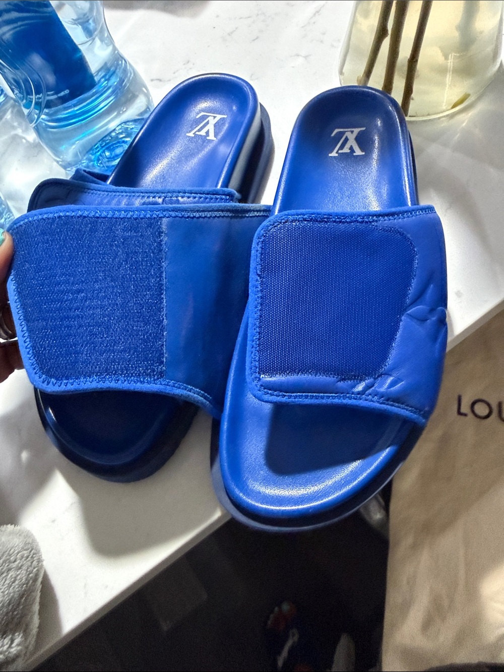 Louis Vuitton Cobalt Blue Embossed Monogram Slide Sandals - Picture 4 of 16